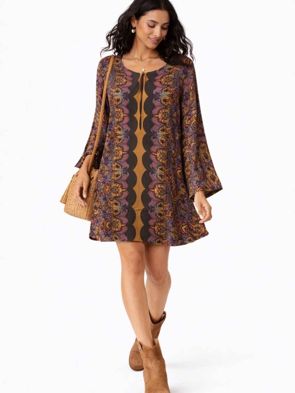 Free People Paisley Bell Sleeve Mini Dress Yellow Purple Boho Retro Size 4‎